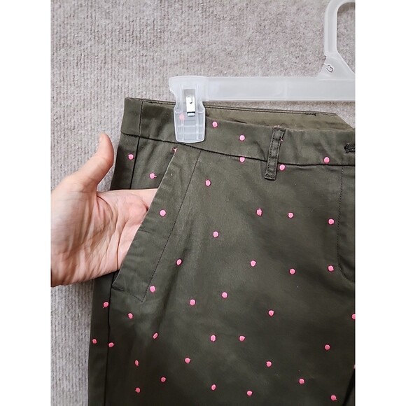 Boden Chino Straight Leg Pants Womens US 12 Green Pink Polka Dots Stretch NEW - Picture 2 of 8